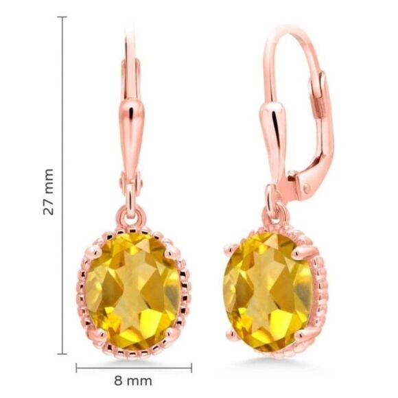 18K Rose Gold 925 with 3.00 Cttw Yellow Citrine Oval Leverback Hook Earrings - Picture 4 of 4
